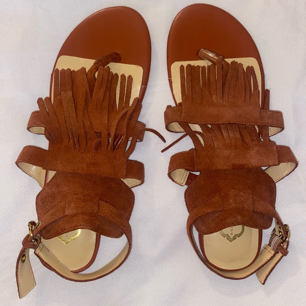 Women's Pink/Brown Suede Fringe Ankle-Strap Sandals
